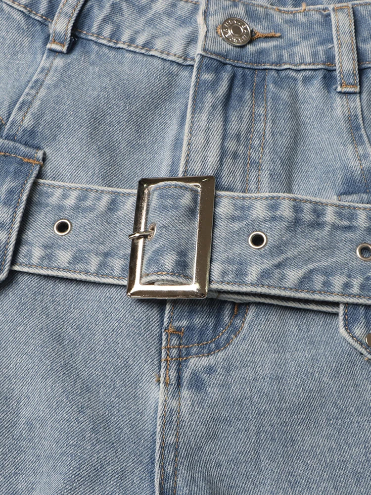 Hollow-Out Belt Denim Pants