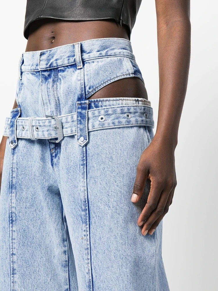 Hollow-Out Belt Denim Pants