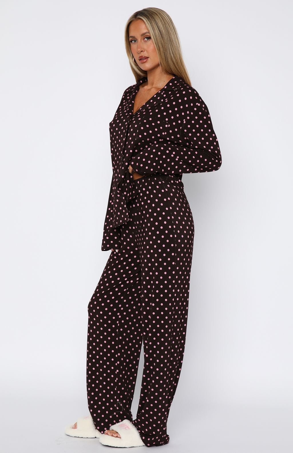 Pillow Talk Printed Long Sleeve Pyjama Set Choc/Pink Polka Dot