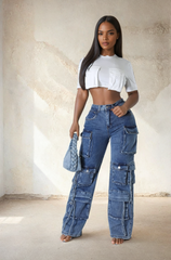 Multi Pockets Wide-Leg Denim Pants