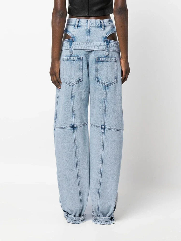 Hollow-Out Belt Denim Pants