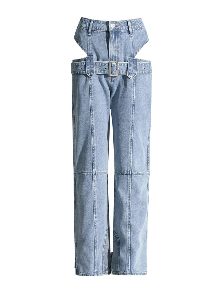 Hollow-Out Belt Denim Pants