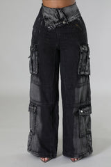 High-Waist Fold Over Black Cargo Jeans