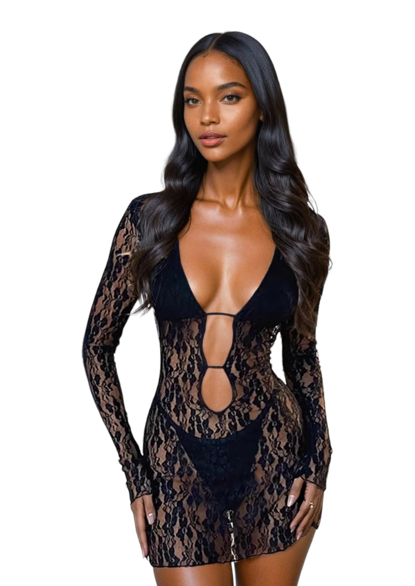 Lace Plunge Keyhole Cut-Out Mini Dress