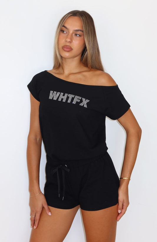 Don't Talk To Me Off Shoulder Playsuit Black