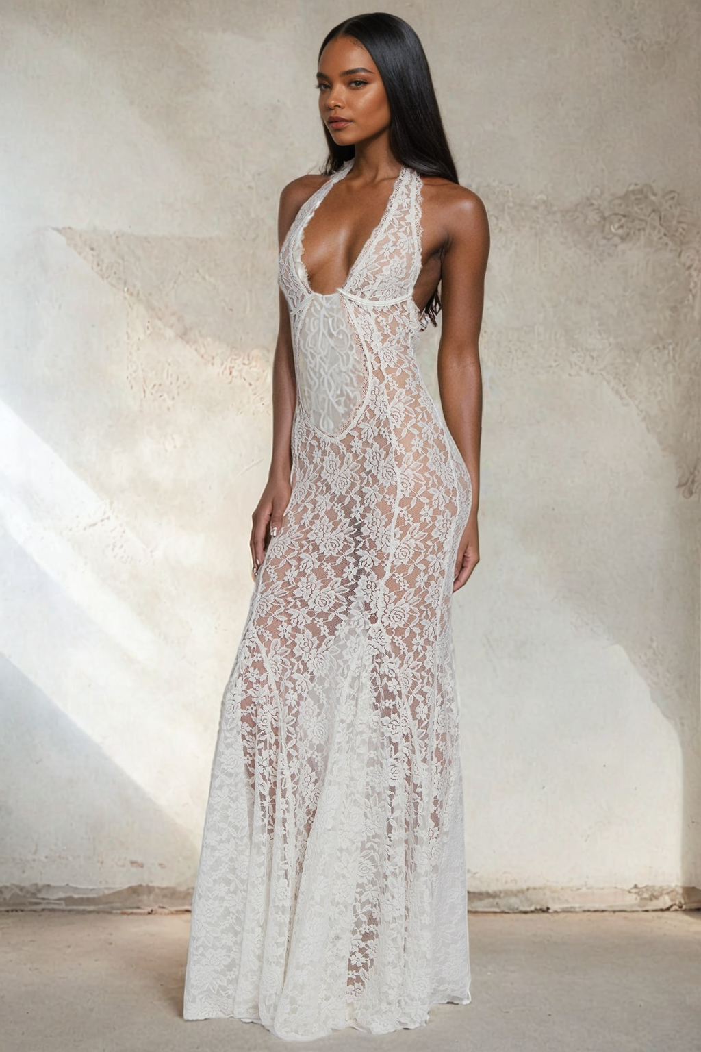 Elegant White Lace Cutout Maxi Dress