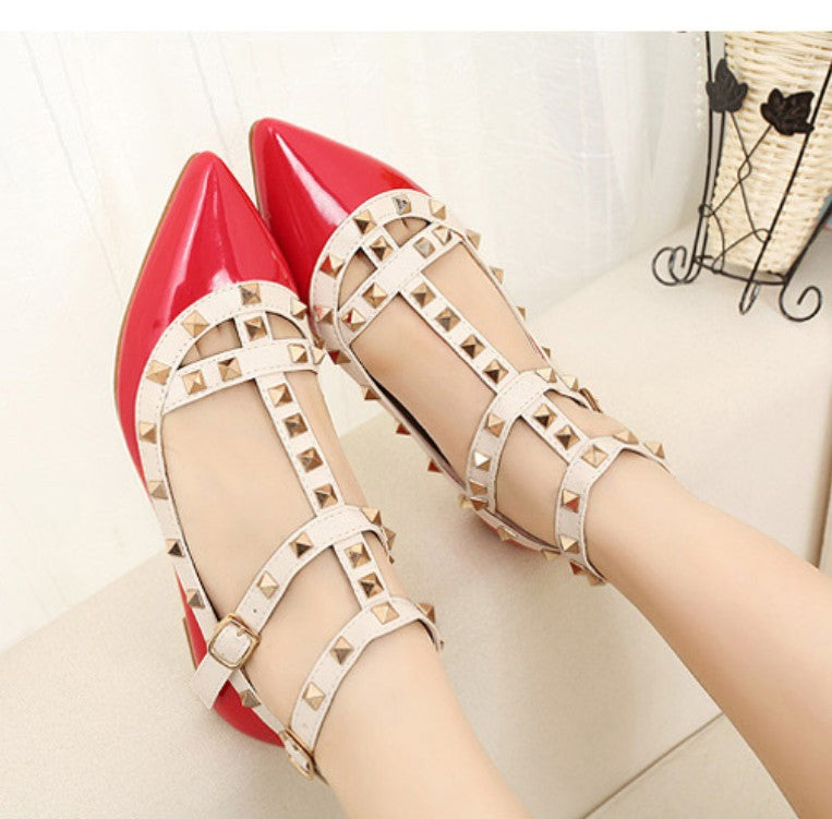 Rivet Flats Shoes Genuine Leather Metal Ankle Strap