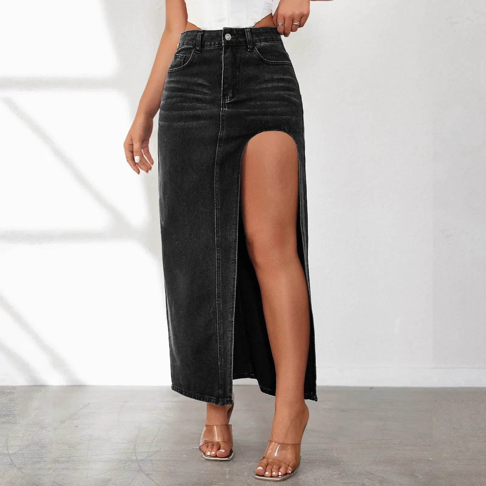 Long Denim Skirt with Slit