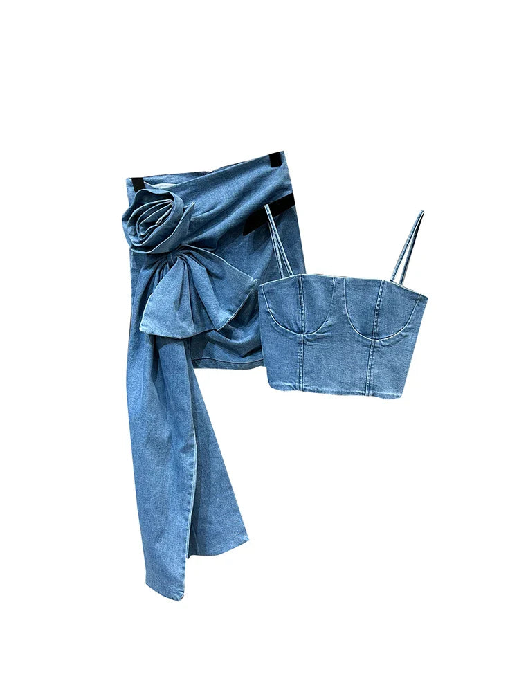 3D Flower  Denim Skirt Set