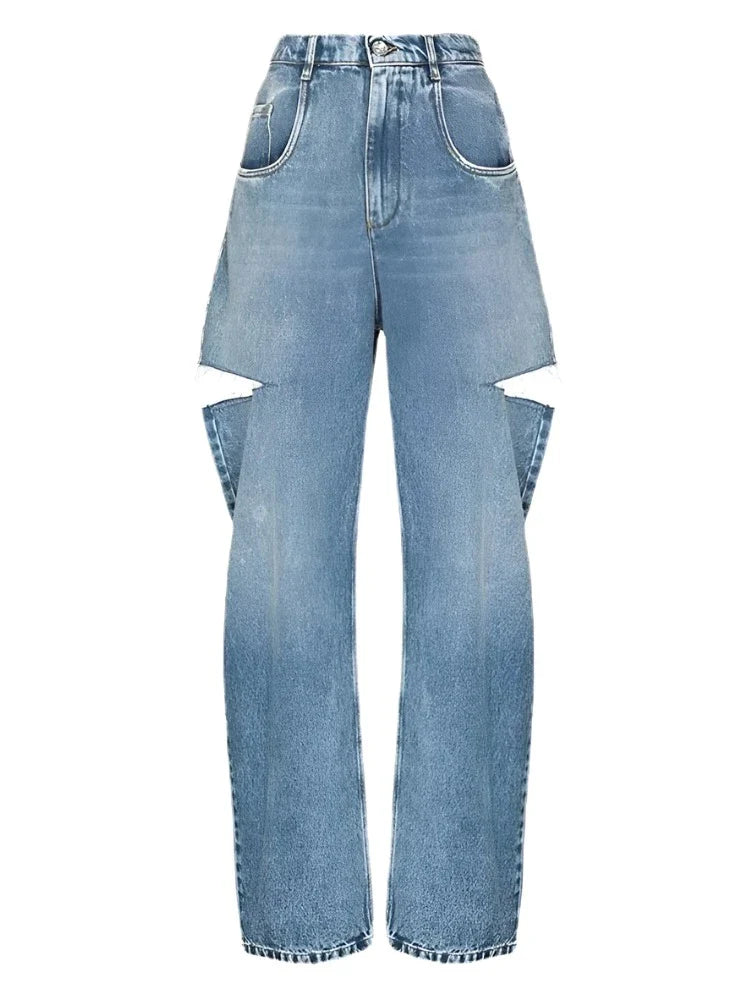 Wide-Leg Ripped Denim Pants