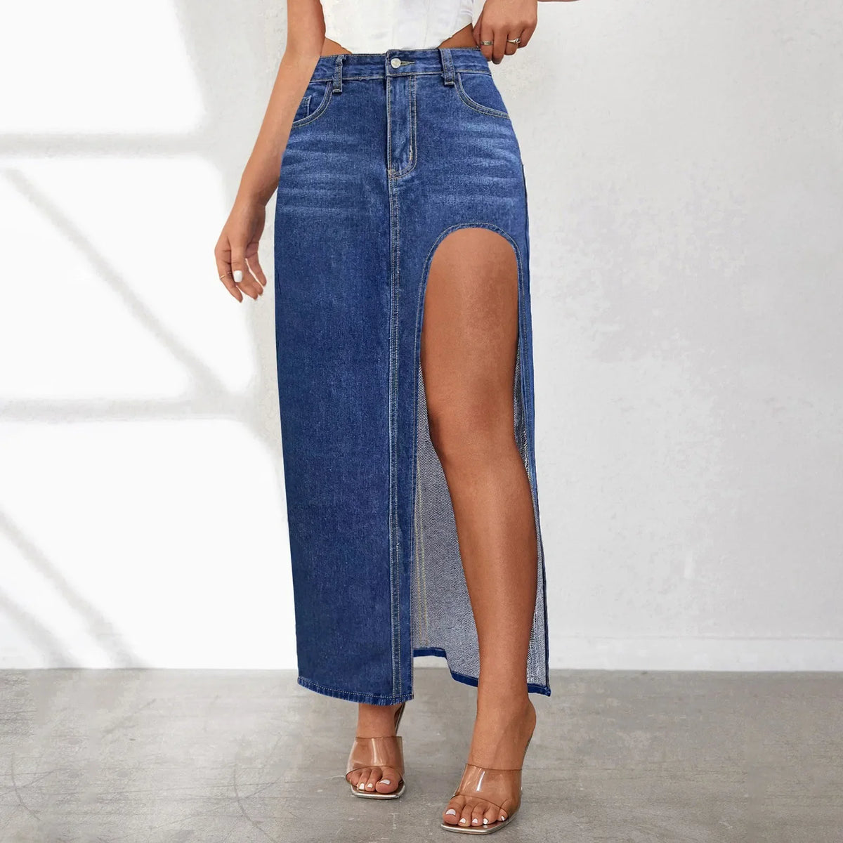 Long Denim Skirt with Slit