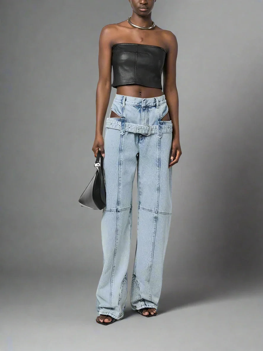 Hollow-Out Belt Denim Pants