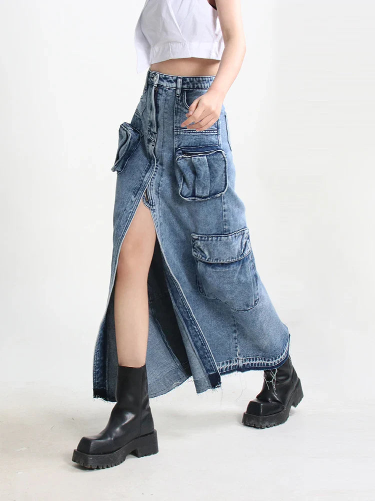 denim cargo maxi skirt