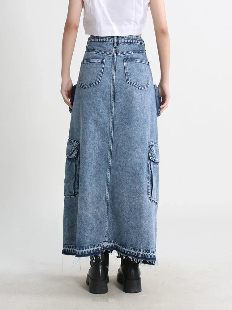 denim cargo maxi skirt