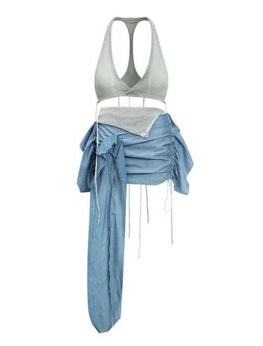 Two-Piece Irregular Patchwork Skirt with Halter Bralette
