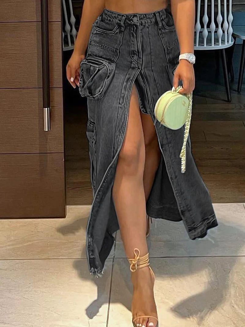 Denim cargo maxi skirt