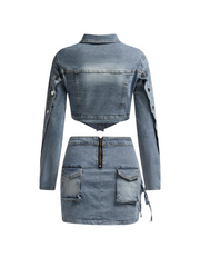 Denim Mini Skirt with Long Sleeve Crop Top