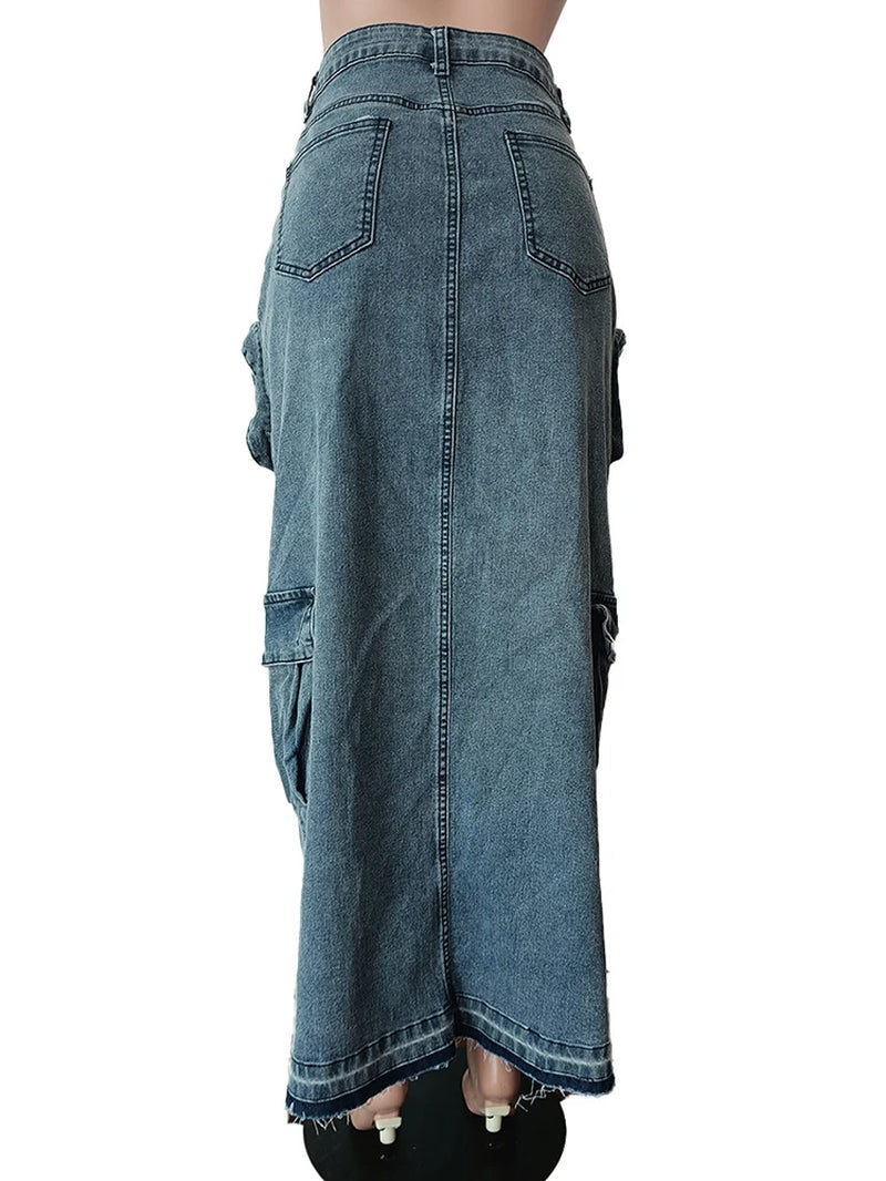 Denim cargo maxi skirt