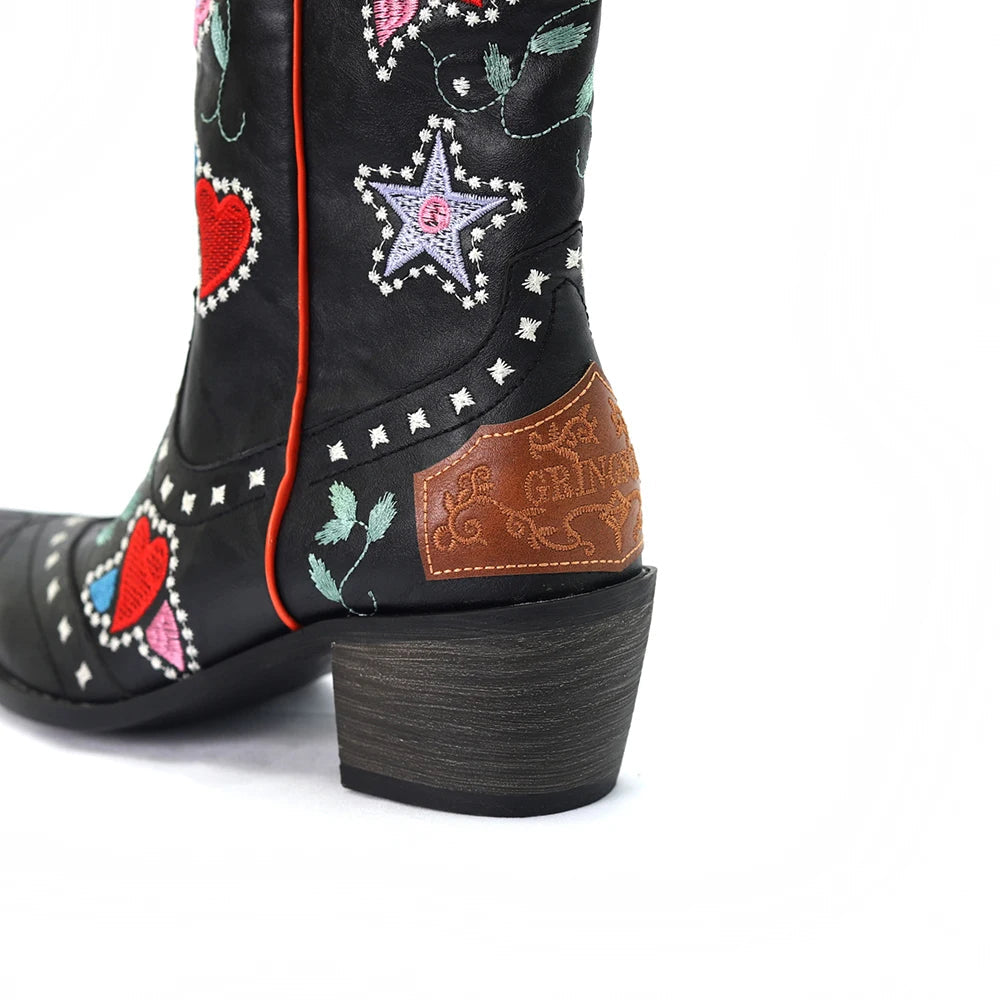 Cowboy High Boots with Embroidered Flowers and Hearts