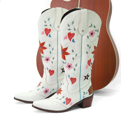 Cowboy High Boots with Embroidered Flowers and Hearts