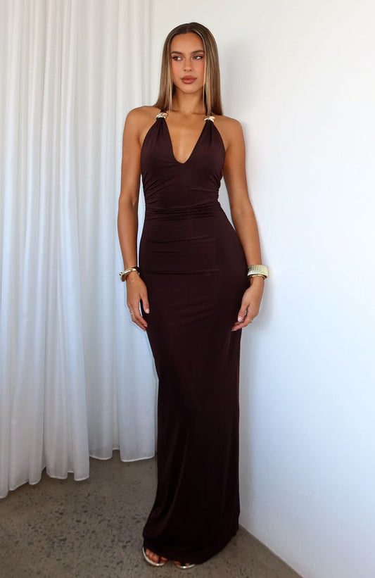 Waste A Moment Halter Maxi Dress Chocolate