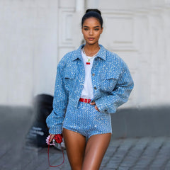 Sequin Denim Jacket Shorts Women Set