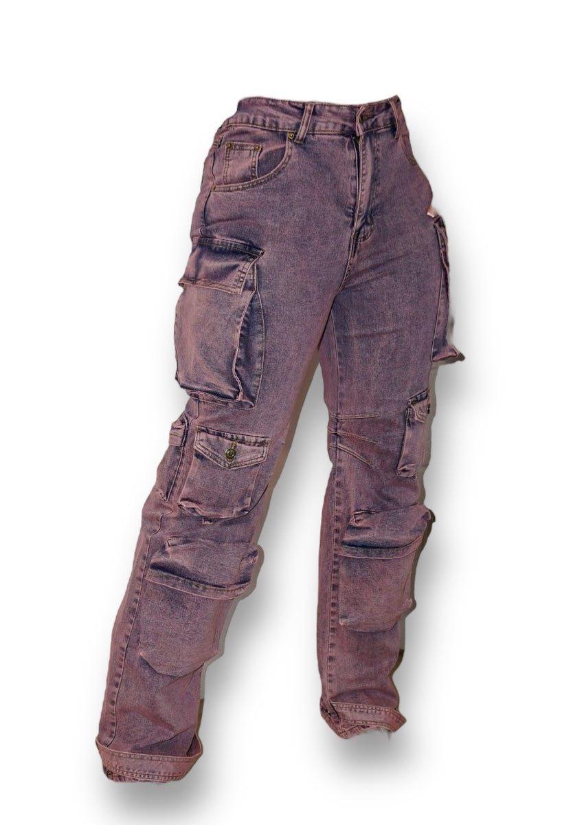 Vintage-Inspired Purple Acid Wash Cargo Denim