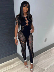 Short Sleeve Mesh Bodycon Jumpsuit