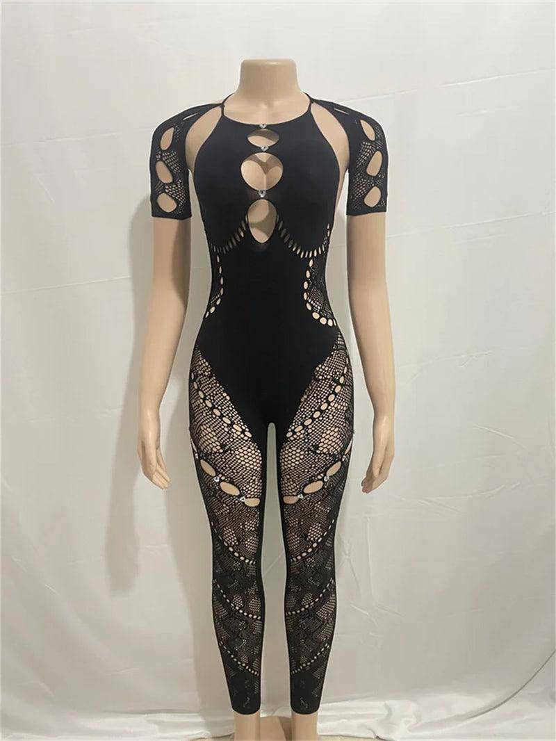 Short Sleeve Mesh Bodycon Jumpsuit