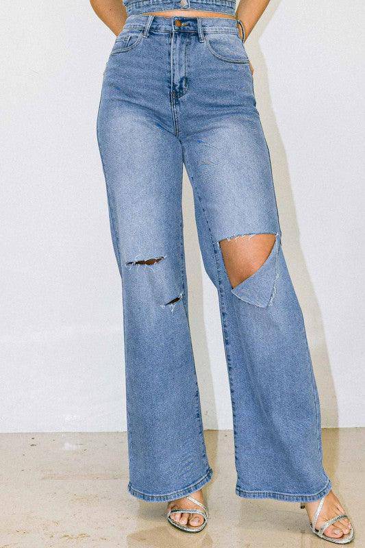 Distressed Wide-Leg Jeans