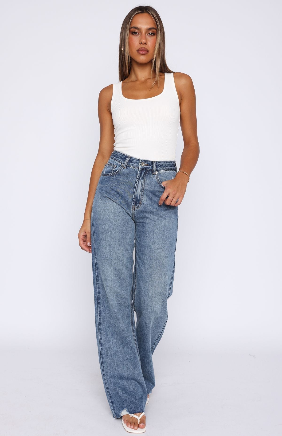 Alana High Waisted Straight Leg Jeans Mid Blue